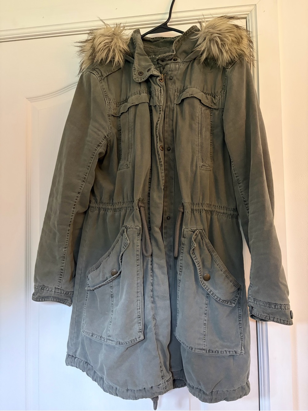 American Eagle Outfitters Olive Green Hooded Trench Coat with Faux Fur Trim